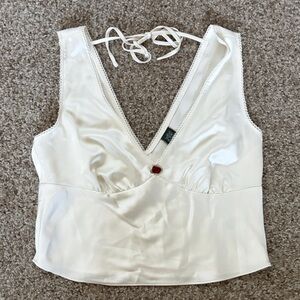 wild fable White Satin Halter Crop Top with Lace Trim